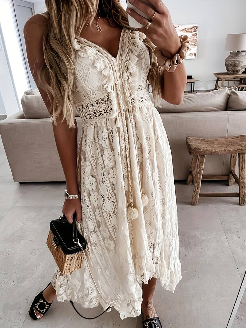 – boho-maxi-sommerkleid mit spaghettiträgern und v-ausschnitt