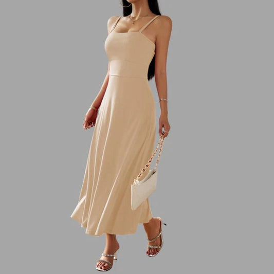 beiges midi-schwingkleid