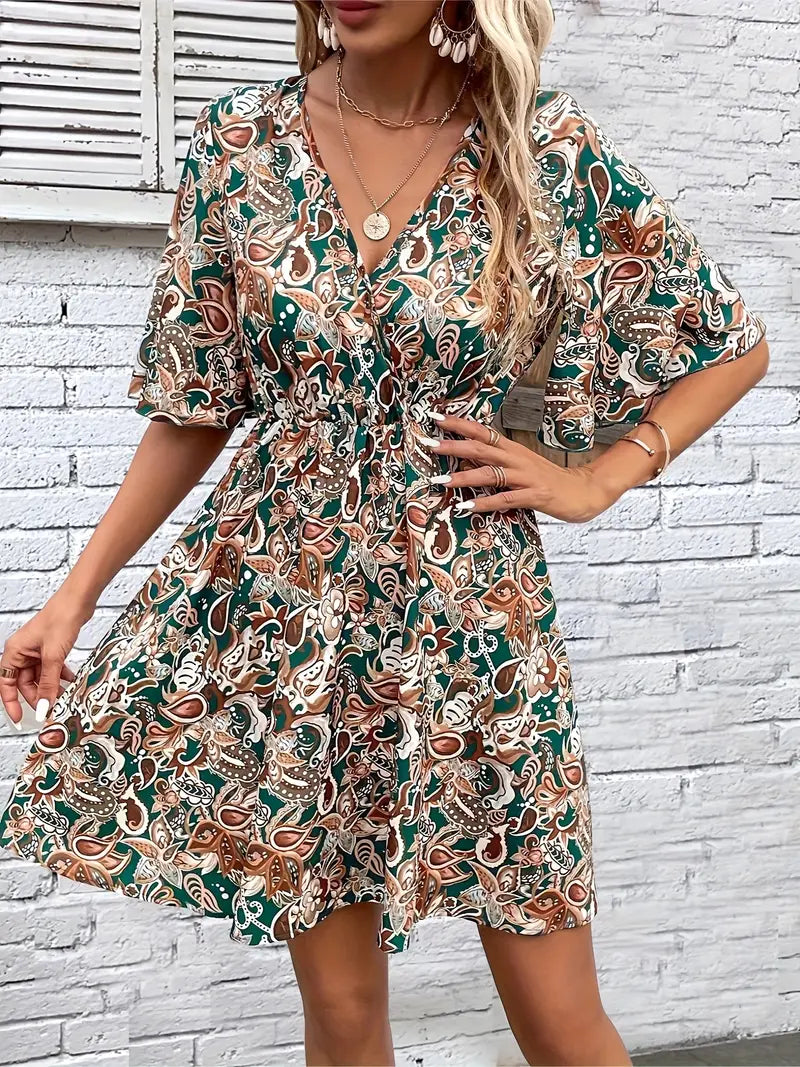 kurzes Kleid mit Paisley-Druck und V-Ausschnitt | Cecile